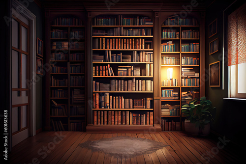 Reading place with wooden floor,bookshelves, white wall. Generative Ai