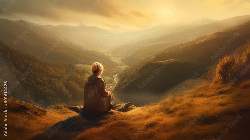 woman sits on the hill and looks down into the valley. woman sits on the hill and looks down into the valley.
