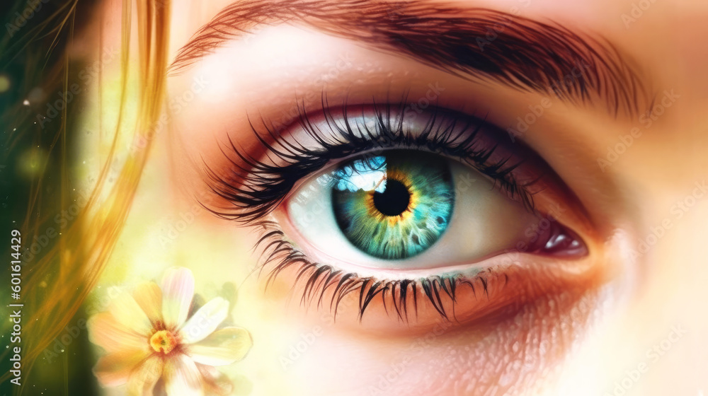 Painting of woman eye and flower. generative ai. Painting of woman eye and flower. generative ai.