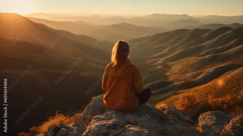 woman sits on the hill and looks down into the valley. woman sits on the hill and looks down into the valley.