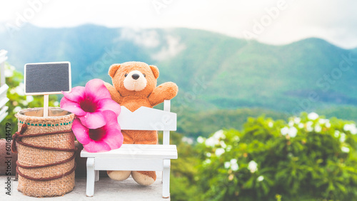 Teddy bear doll at nature mountain view relaxation concept photo