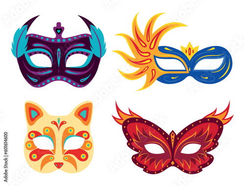 Set of beautiful, colorful festival masks in a cartoon style. Vector illustration of elegant carnival masks with different designs, decorated with feathers and rhinestone isolated on white background.