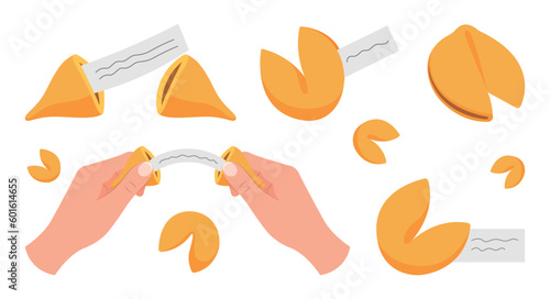 Set of delicious vanilla cookies with predictions and wishes in a cartoon style. Vector illustration of various crunchy and sweet fortune cookies in hands isolated on white background.