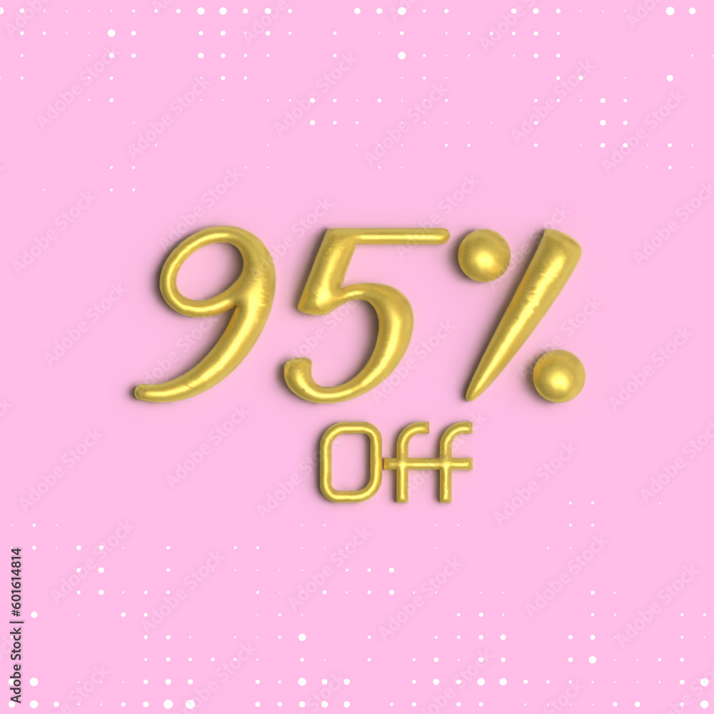 95% off, 3D shiny gold text 95 percent off isolated on pink background, 3D mega sale 95% offer, Sale offer price sign, Special offer symbol. Discount promotion. Discount, Editable vector illustration
