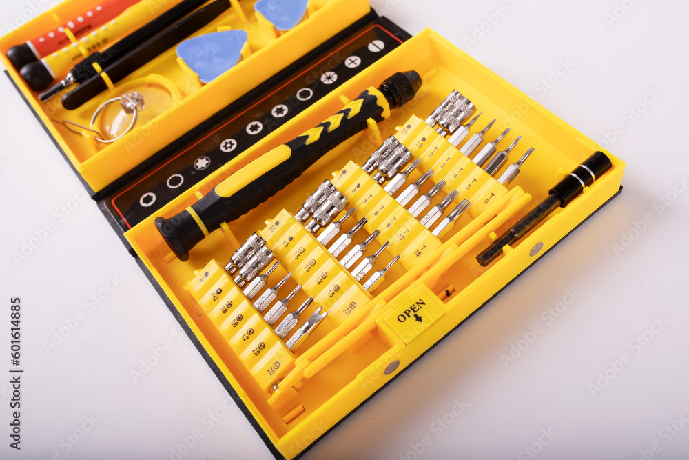 Mobile phone repair kit on white background Mobile phone repair kit on white background
