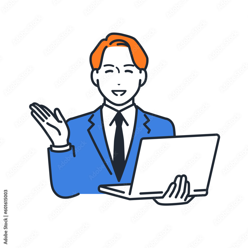 笑顔でノートパソコンを持って説明する若いビジネスマンのベクターイラスト素材 笑顔でノートパソコンを持って説明する若いビジネスマンのベクターイラスト素材