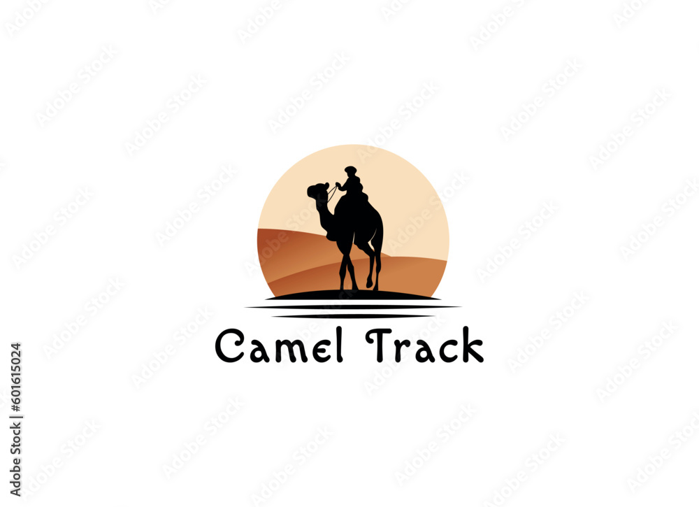 Camel in the desert logo. People ride camels in the dunes