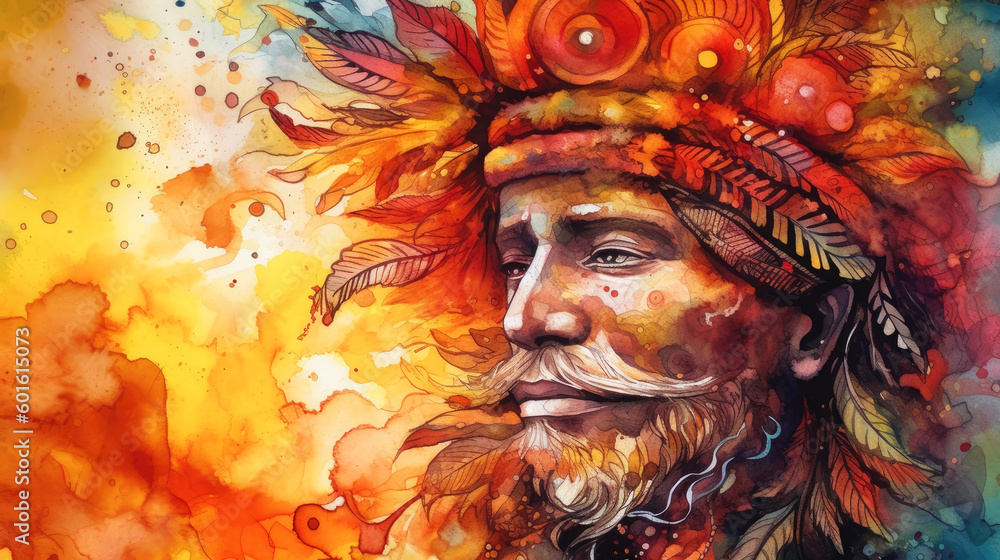 Painting shaman man with flower wreath. generative ai.