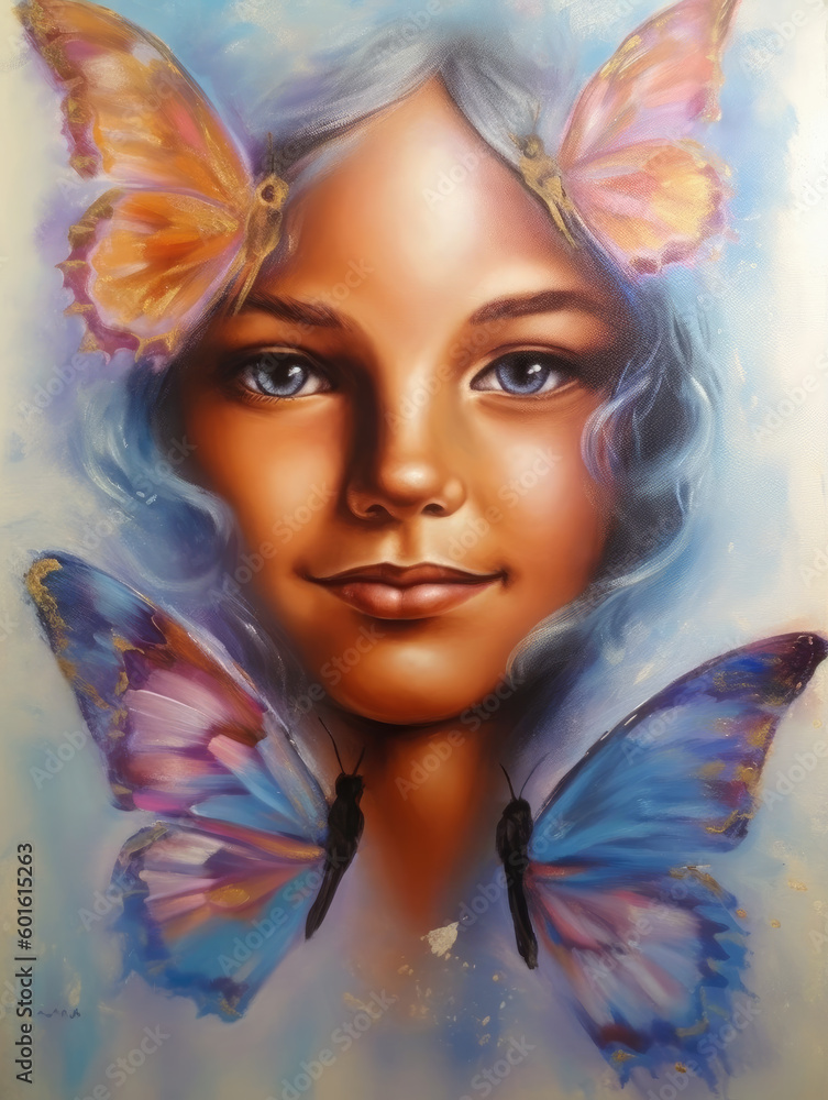young girl and butterfly. generative ai.