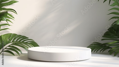 Smooth round white podium in sunlight, tropical palm leaf shadow for on white table countertop, wall for nature luxury hygiene organic cosmetic, skincare, beauty 
