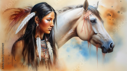 young indian woman and horse, generative ai.