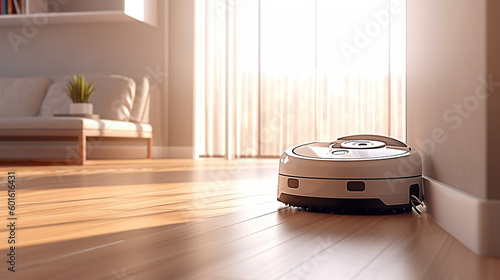 White modern vacuum cleaner robot working, vacuuming, cleaning granite floor living room, grey sofa, coffee table in sunlight on white wall. 