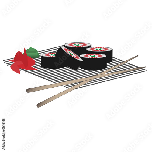 Snack logo for a sushi restaurant. Japanese menu: sushi, wasabi, ginger, shrimp, tuna, salmon. Sushi delivery