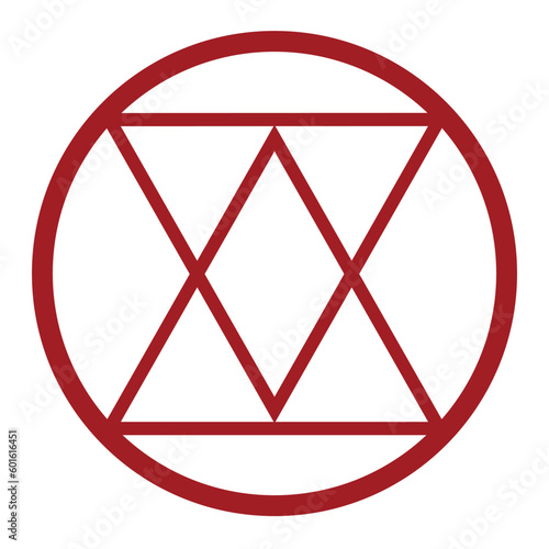 Geometric shapes in a circle. Symmetric lines to solve geometric problems.  Red color icon. Vector illustration.