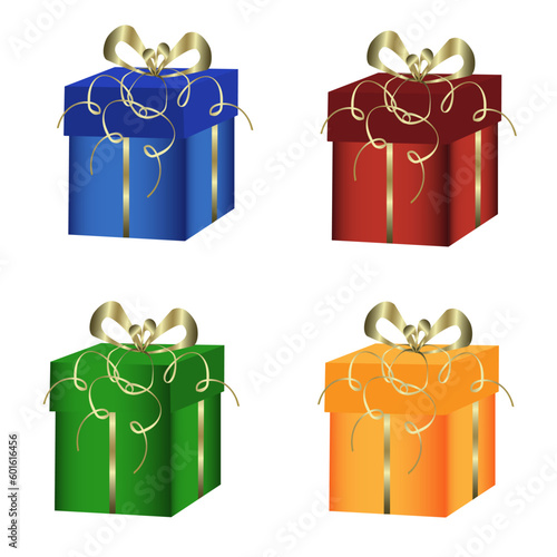 Decorative gift boxes in green, red, yellow, blue. Holiday gift wrapping. Vector illustration