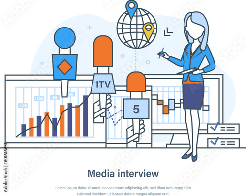 Media interview, breaking news, broadcasting, mass media announcement