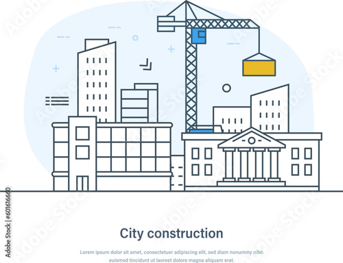 City construction site with tower crane, construction of residential and office buildings