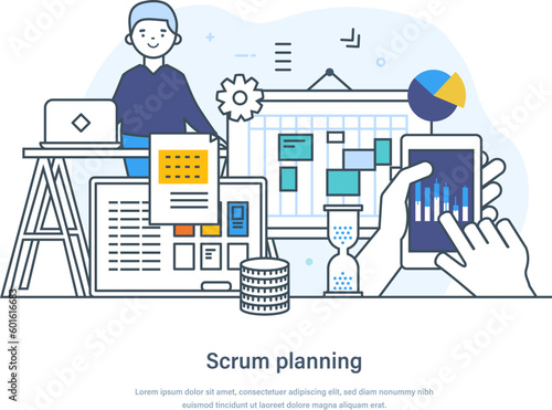 Scrum planning process agile development, task sprint teamwork methodology, project management work cycle. Establishing project goals, stakeholders, and requirements thin line design of vector doodles