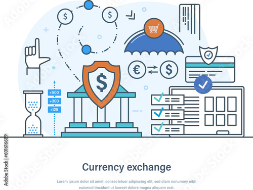 Currency exchange banking financial services, euro to dollar money conversion. Exchange foreign currency, cryptocurrency transactions, transfer, payment operations thin line design of vector doodles