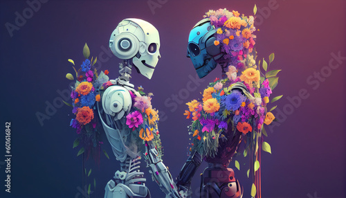 background with butterflies and flowers. Humanoid robot couple holding hands Ai generated image