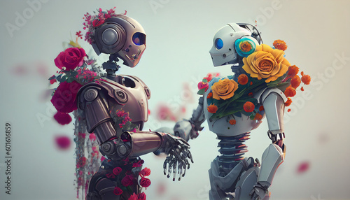 robot cyborg. Fall in love Humanoid robot couple holding hands Ai generated image