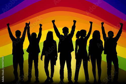 Silhouette von jungen Menschen vor großer Regenbogen-Flagge - Generative AI