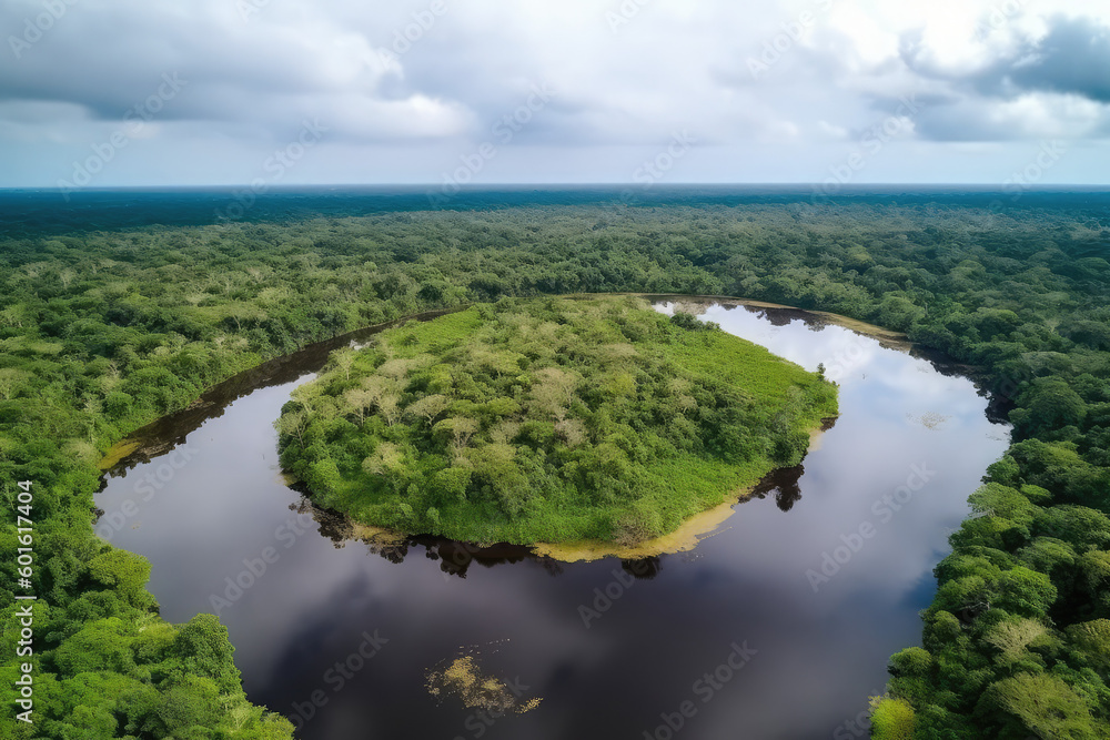 Aerial View of the Amazon Rainforest with a branch of amazon river South American country of Peru's tropical green jungle. aerial perspective, generative AI
