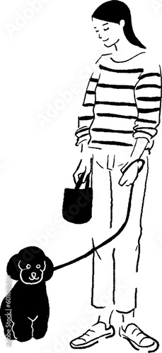 犬の散歩をする女性の線画ベクターイラスト