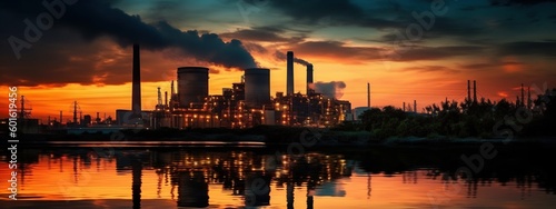Industrial power plant at sunset. Generative ai