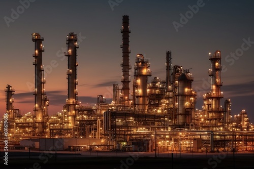 A large oil refinery at dusk, sustainable architecture. Generative ai