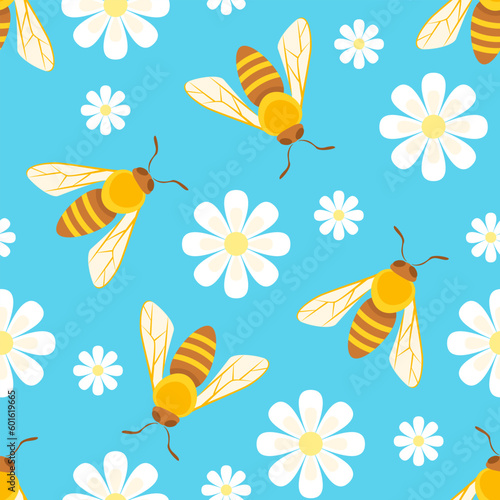 Honey bees and white daisy flowers on blue background. Vector floral seamless pattern. Cartoon flat illustration.