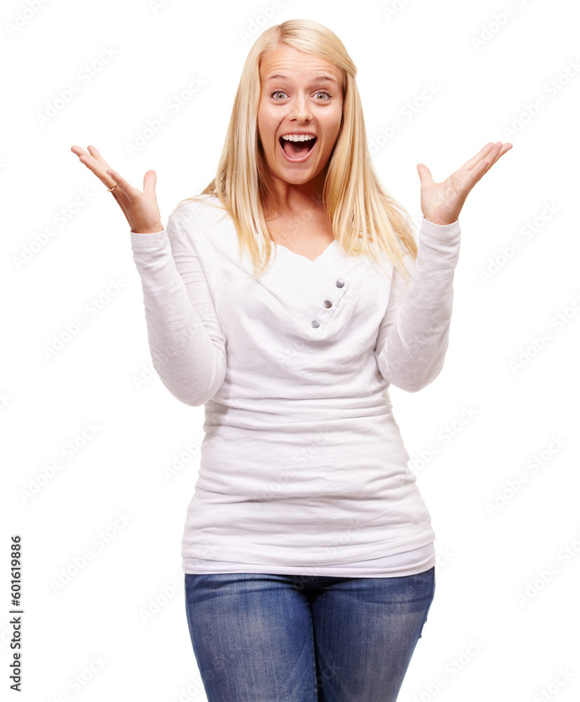 Excited, wow and woman portrait with good news announcement and surprise in a studio. Isolated, female person and white background with happiness and smile from shock feeling surprised and stylish Excited, wow and woman portrait with good news announcement and surprise in a studio. Isolated, female person and white background with happiness and smile from shock feeling surprised and stylish