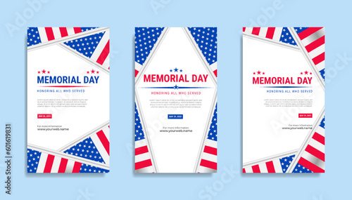 Memorial day Social media stories template design with the national flag of the United States of America