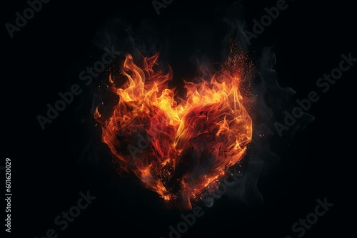 A fiery heart illuminated in darkness. Generative AI