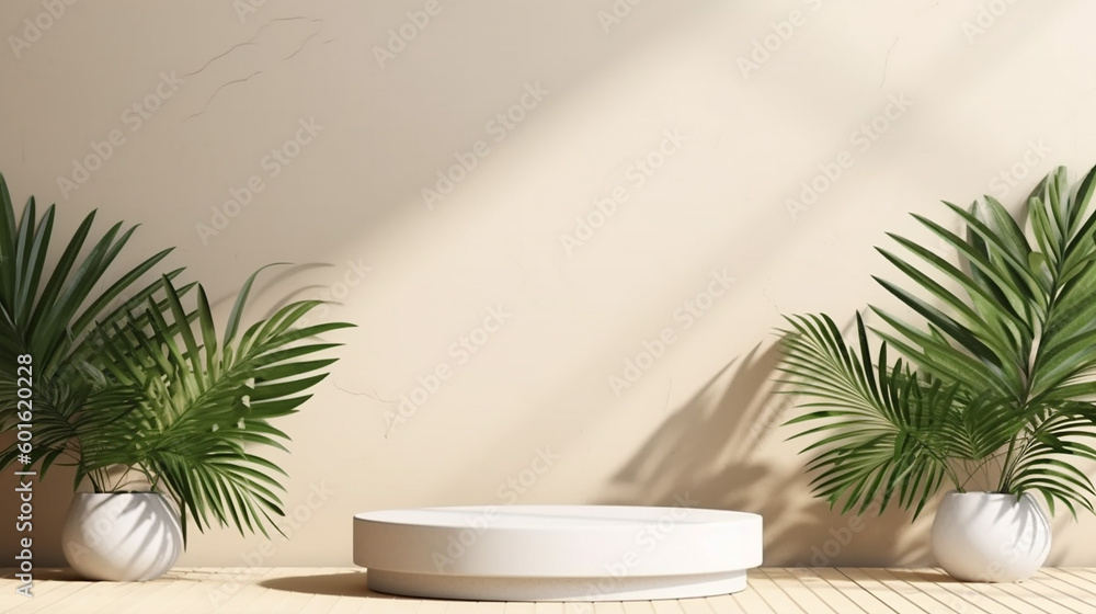 Blank cream white cement curve counter podium with texture, soft beautiful dappled sunlight, leaf shadow on white wall Blank cream white cement curve counter podium with texture, soft beautiful dappled sunlight, leaf shadow on white wall