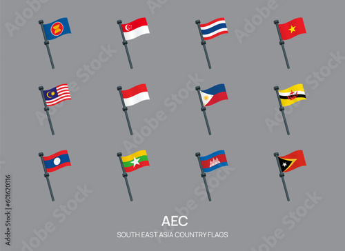 Southeast Asia countries flags set and AEC members, vector design element illustration.
