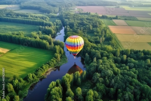 Hot Air Balloon Above Patchwork Farmland - AI Generated