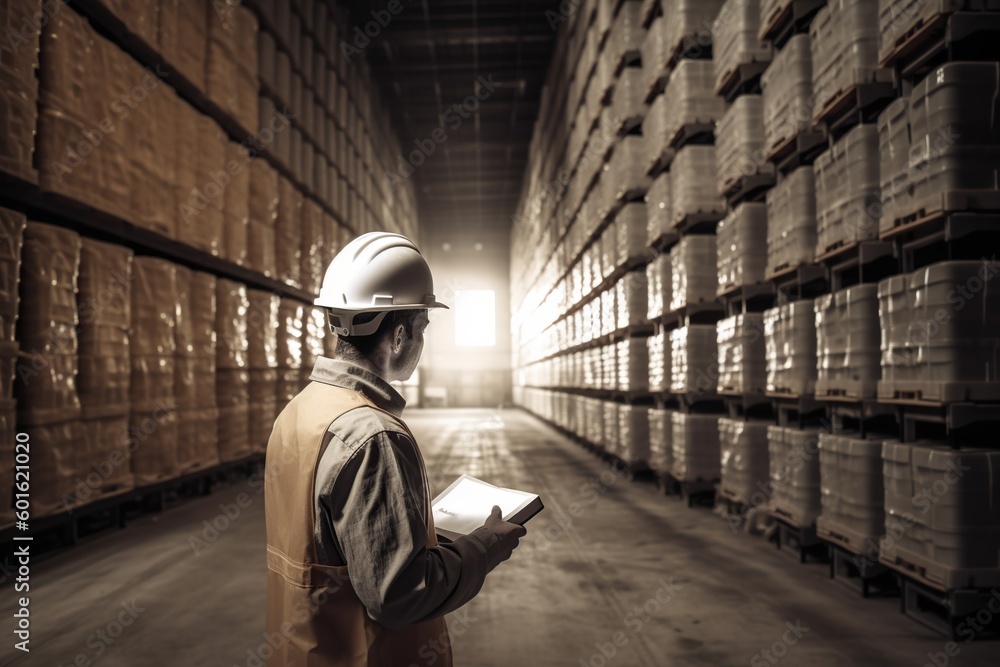 Man in hard hat standing in empty warehouse with clipboard. Generative ai Man in hard hat standing in empty warehouse with clipboard. Generative ai