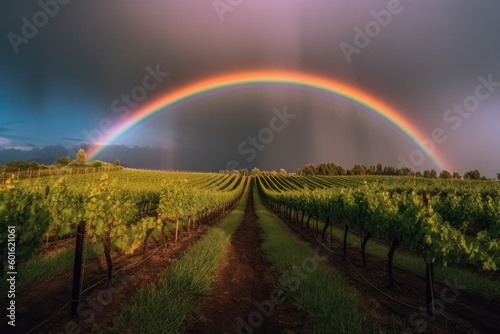 Rainbow Over Vineyard After Summer Rain - AI Generated