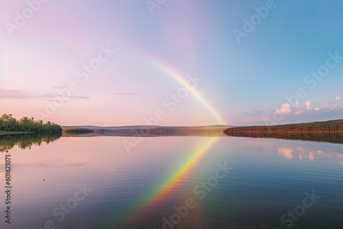 Sunrise Rainbow Reflecting on Calm Lake - AI Generated © dasom
