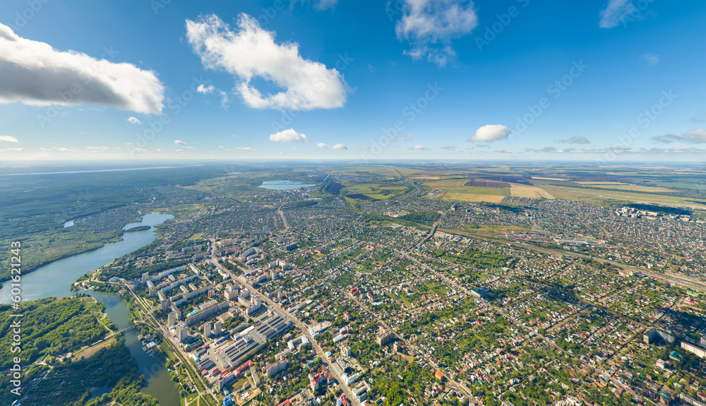 Tambov, Russia. Panorama of the city from the air in summer. Clear weather with clouds. Aerial view