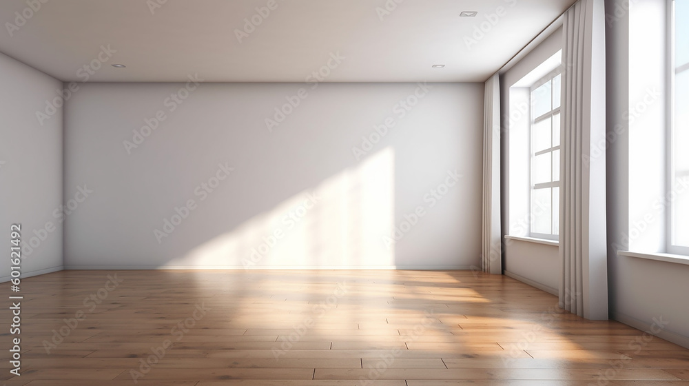 Empty room with white wall and wooden floor. Generative AI Empty room with white wall and wooden floor. Generative AI