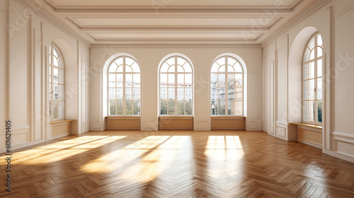 Empty room interior design, open space with oak parquet floor, classic windows, wooden ceiling and white walls, modern architecture concept idea. Generative AI