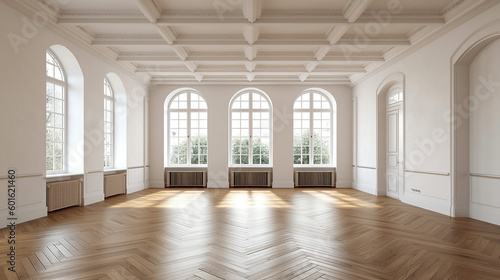 Empty room interior design, open space with oak parquet floor, classic windows, wooden ceiling and white walls, modern architecture concept idea. Generative AI