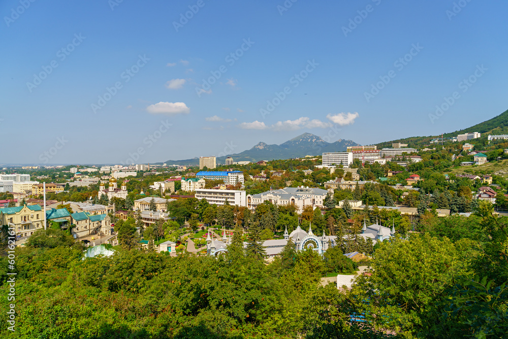 Pyatigorsk, Russia - September 1, 2021: Panorama of the city with sanatoriums and a park. Nagorny Park