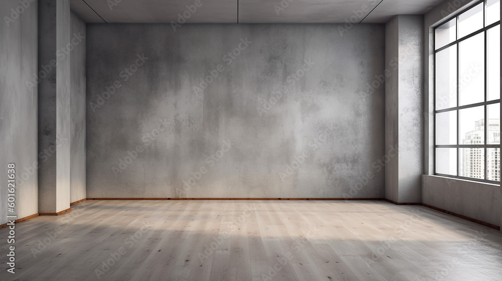 Grey wall in an empty room with concrete floor. Generative AI Grey wall in an empty room with concrete floor. Generative AI