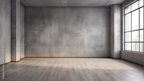 Grey wall in an empty room with concrete floor. Generative AI