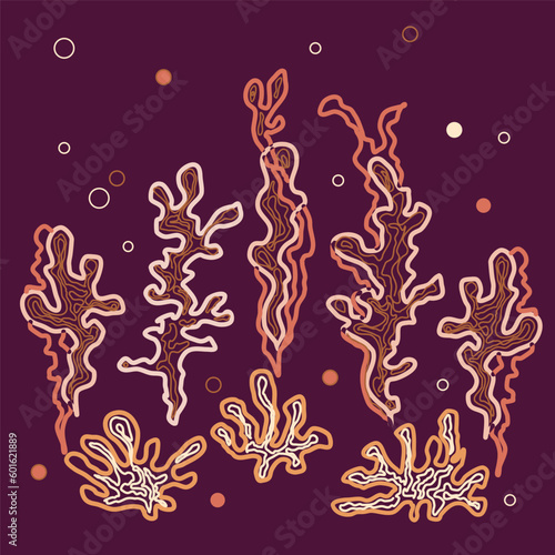 Vector underwater landscape. Beige corals and sea weeds.