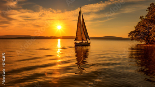 Stimmungsvolles Bild von einem Segelschiff vor goldenem Sonnenuntergang