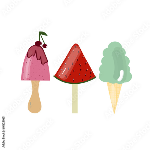 Set of tasty ice creams. Sweet summer delicacy with different tasties,collection isolated ice-cream cones and popsicle with different topping.Vector illustration for web,design, print.